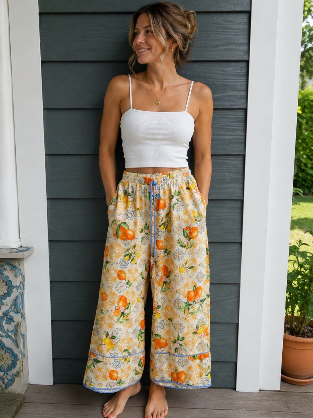 Easel Los Angeles Lemon/Oranges Wide Leg Lounge Pants